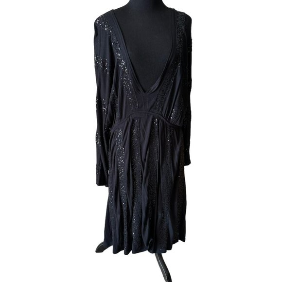 Black plunging neckline jersey mini dress tunic by sequin with sequin stripes - Picture 9 of 10